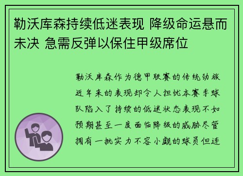 勒沃库森持续低迷表现 降级命运悬而未决 急需反弹以保住甲级席位