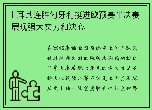 土耳其连胜匈牙利挺进欧预赛半决赛 展现强大实力和决心