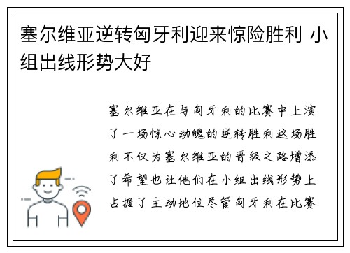 塞尔维亚逆转匈牙利迎来惊险胜利 小组出线形势大好