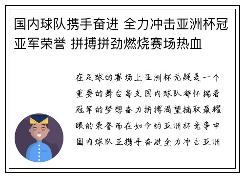 国内球队携手奋进 全力冲击亚洲杯冠亚军荣誉 拼搏拼劲燃烧赛场热血