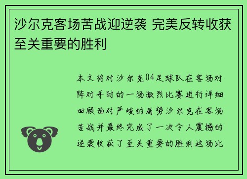 沙尔克客场苦战迎逆袭 完美反转收获至关重要的胜利