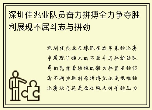 深圳佳兆业队员奋力拼搏全力争夺胜利展现不屈斗志与拼劲