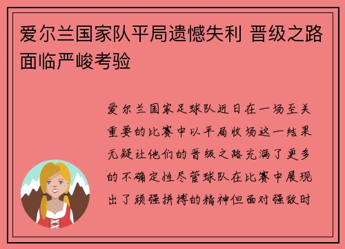爱尔兰国家队平局遗憾失利 晋级之路面临严峻考验