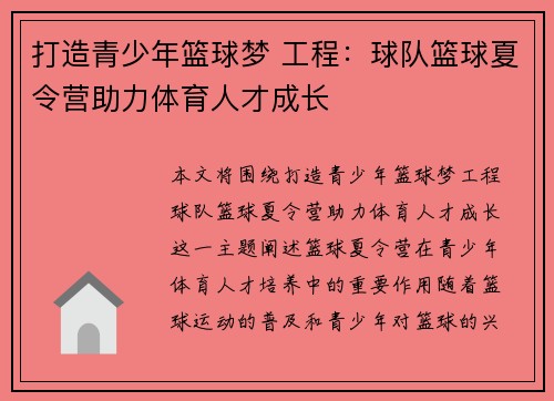 打造青少年篮球梦 工程：球队篮球夏令营助力体育人才成长