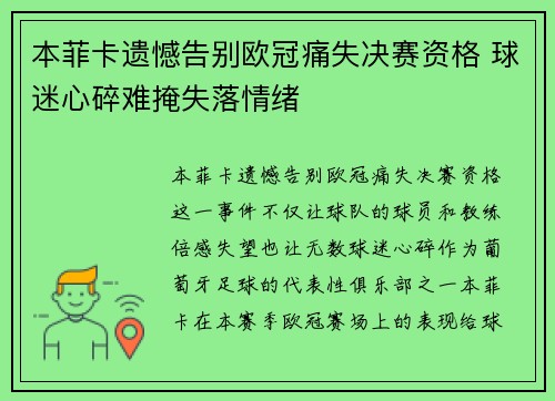 本菲卡遗憾告别欧冠痛失决赛资格 球迷心碎难掩失落情绪
